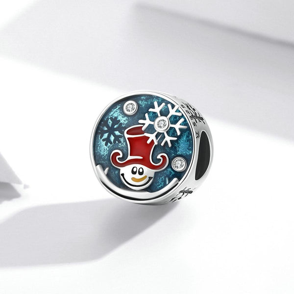 Happy Snowman Enamel Sterling Silver Ziron CZ Bead Charm Bracelet Necklace