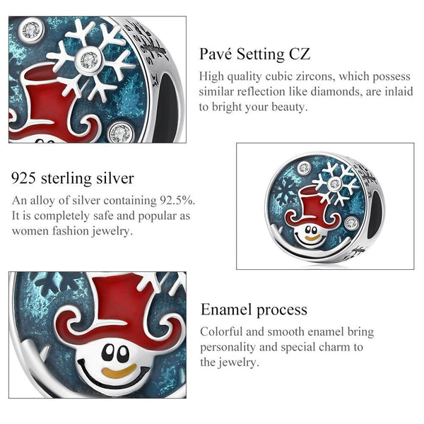 Happy Snowman Enamel Sterling Silver Ziron CZ Bead Charm Bracelet Necklace