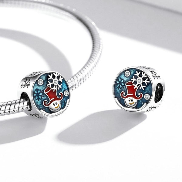 Happy Snowman Enamel Sterling Silver Ziron CZ Bead Charm Bracelet Necklace