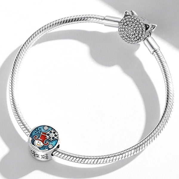 Happy Snowman Enamel Sterling Silver Ziron CZ Bead Charm Bracelet Necklace