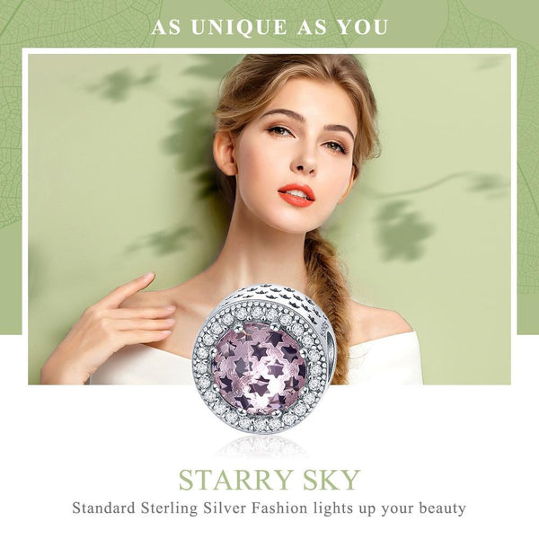 Pink Purple Starry Sky Sterling Silver Zircon CZ Bead Charm Bracelet Necklace