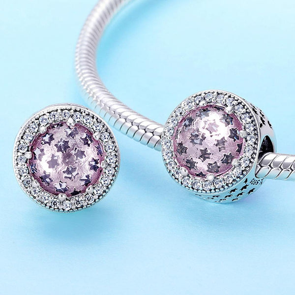 Pink Purple Starry Sky Sterling Silver Zircon CZ Bead Charm Bracelet Necklace