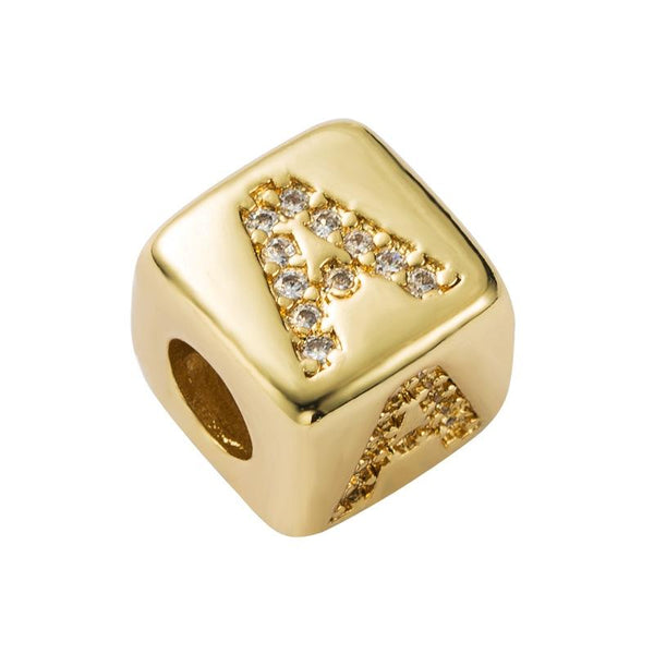 Gold Colour Letter Initial Copper Zircon CZ Bead Charm Bracelet Necklace A