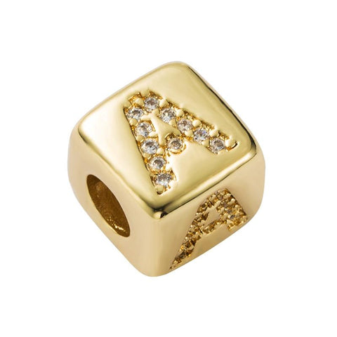 Gold Colour Letter Initial Copper Zircon CZ Bead Charm Bracelet Necklace A