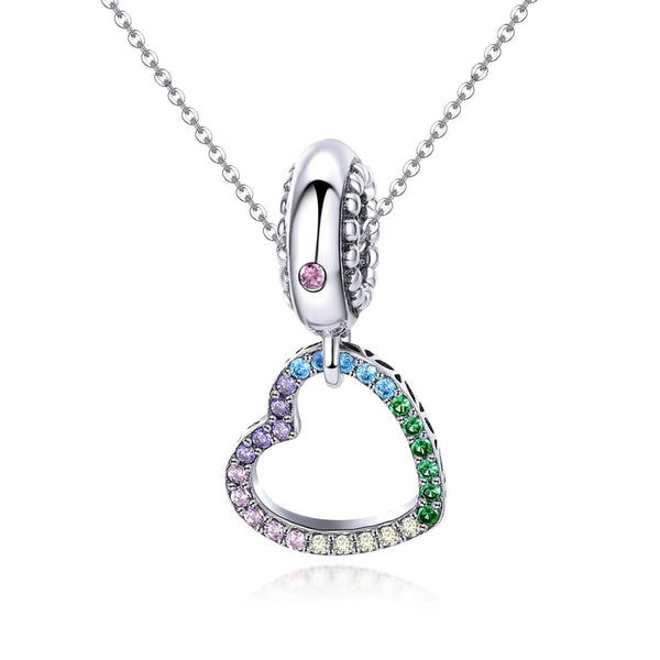 Rainbow Heart Sterling Silver Crystal Zircon CZ Bead Charm Bracelet Necklace