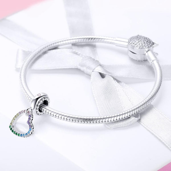 Rainbow Heart Sterling Silver Crystal Zircon CZ Bead Charm Bracelet Necklace