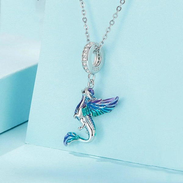 Flying Dragon Enamel Sterling Silver CZ Bead Charm Bracelet Necklace Pendant