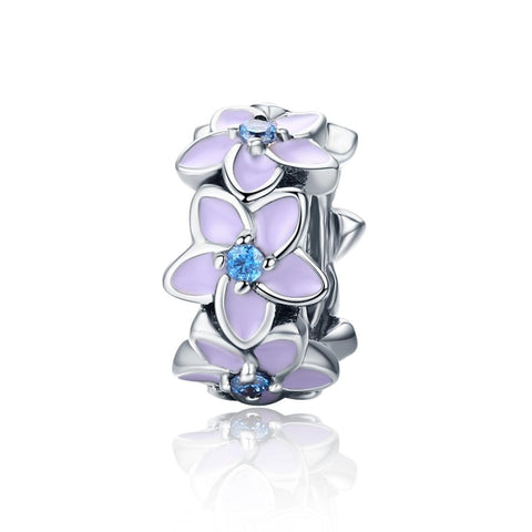 Purple Flower Enamel Sterling Silver CZ Spacer Bead Charm Pendant Bracelet