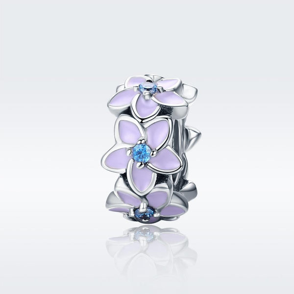Purple Flower Enamel Sterling Silver CZ Spacer Bead Charm Pendant Bracelet