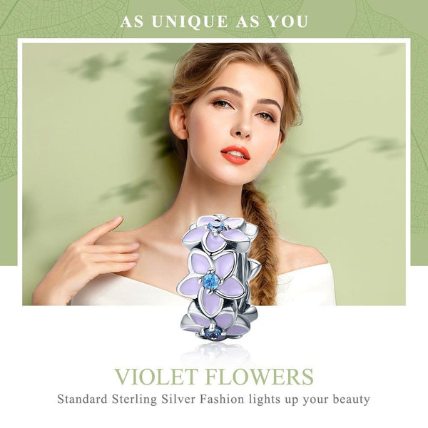Purple Flower Enamel Sterling Silver CZ Spacer Bead Charm Pendant Bracelet