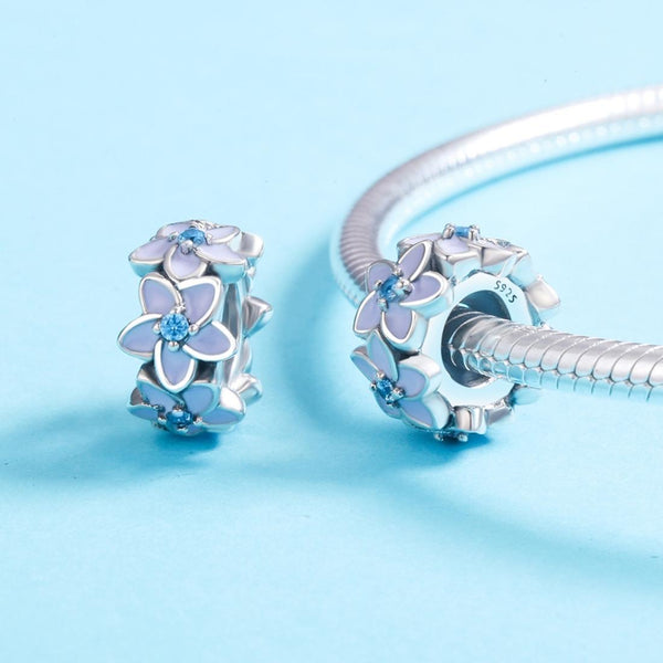 Purple Flower Enamel Sterling Silver CZ Spacer Bead Charm Pendant Bracelet