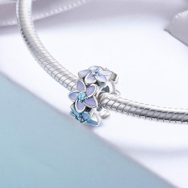 Purple Flower Enamel Sterling Silver CZ Spacer Bead Charm Pendant Bracelet