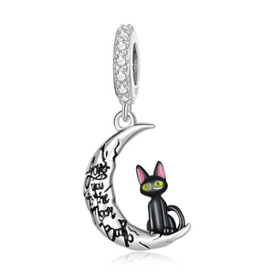 Love You To The Moon Black Cat Enamel Sterling Silver CZ Bead Charm Pendant