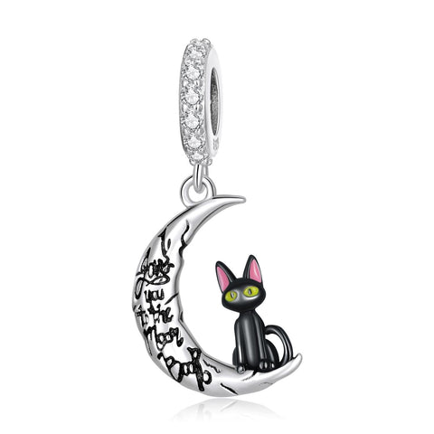 Love You To The Moon Black Cat Enamel Sterling Silver CZ Bead Charm Pendant