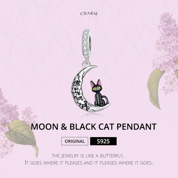 Love You To The Moon Black Cat Enamel Sterling Silver CZ Bead Charm Pendant