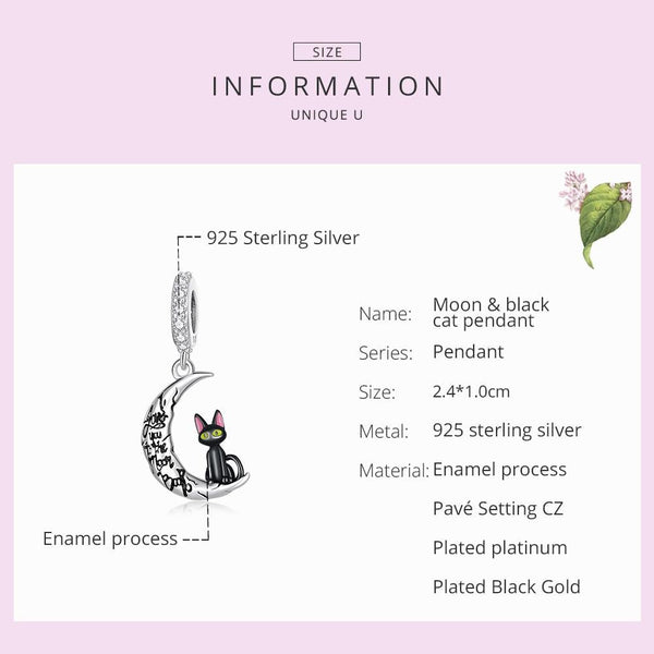 Love You To The Moon Black Cat Enamel Sterling Silver CZ Bead Charm Pendant