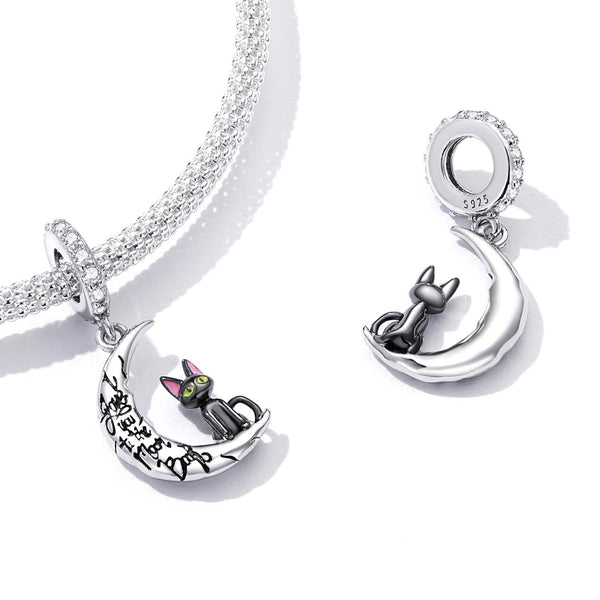 Love You To The Moon Black Cat Enamel Sterling Silver CZ Bead Charm Pendant
