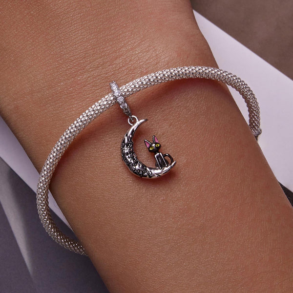 Love You To The Moon Black Cat Enamel Sterling Silver CZ Bead Charm Pendant