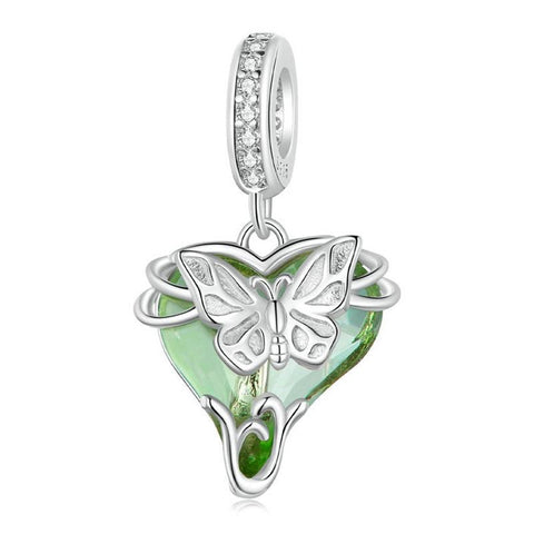 BUtterfly Green Glass Sterling Silver CZ Bead Charm Pendant Bracelet Necklace