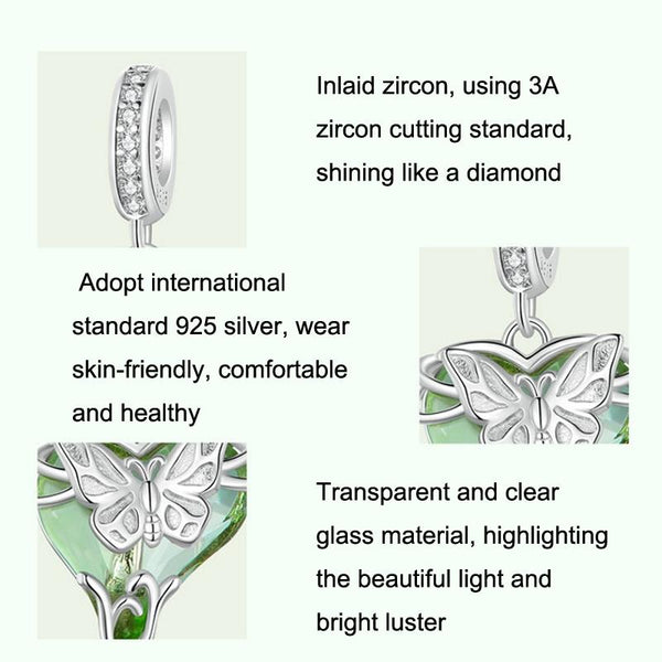 BUtterfly Green Glass Sterling Silver CZ Bead Charm Pendant Bracelet Necklace