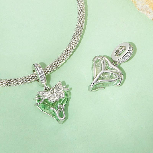 BUtterfly Green Glass Sterling Silver CZ Bead Charm Pendant Bracelet Necklace