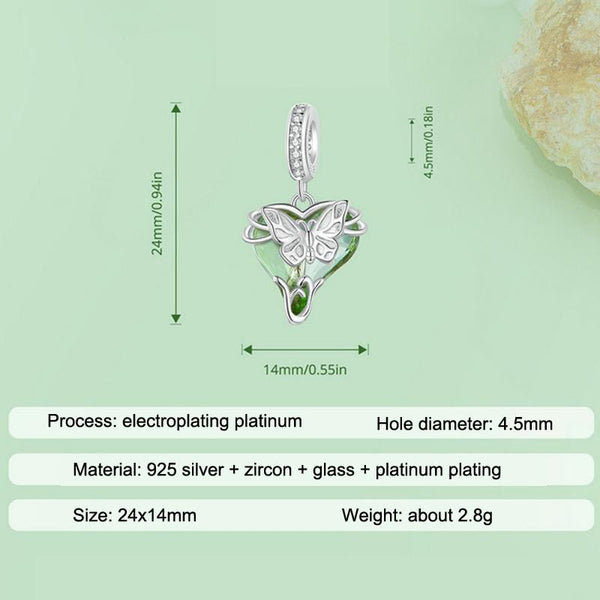 BUtterfly Green Glass Sterling Silver CZ Bead Charm Pendant Bracelet Necklace