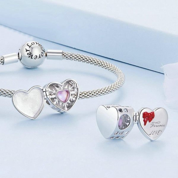 Forever Love Heart Locket Enamel Sterling Silver Bead Charm Bracelet Necklace
