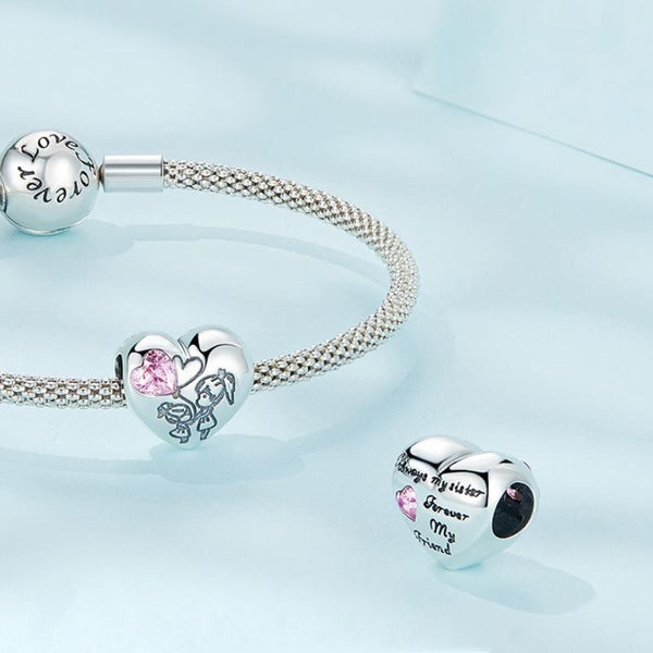 Sisters Love Heart Enamel Sterling Silver CZ Bead Charm Pendant Bracelet Necklace