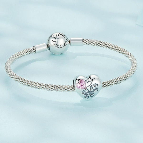 Sisters Love Heart Enamel Sterling Silver CZ Bead Charm Pendant Bracelet Necklace