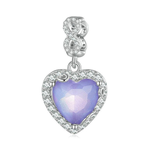 Purple Glass Heart Sterling Silver Zircon CZ Bead Charm Pendant Bracelet Necklace