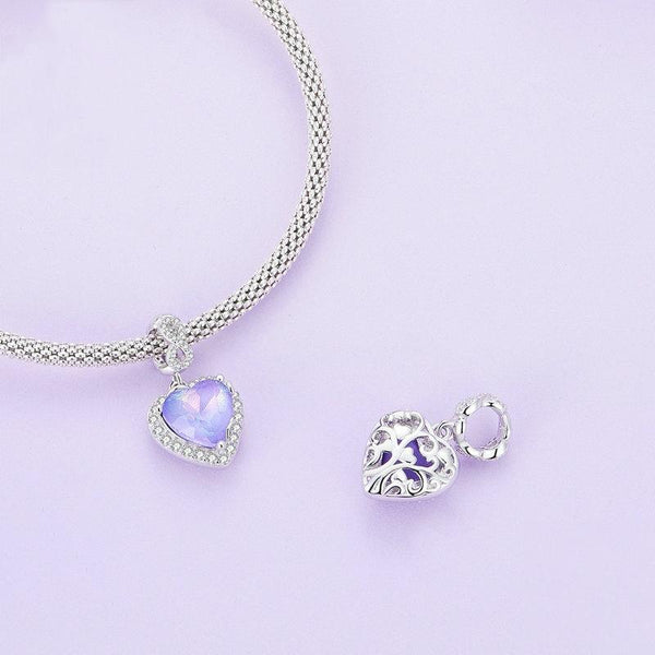Purple Glass Heart Sterling Silver Zircon CZ Bead Charm Pendant Bracelet Necklace