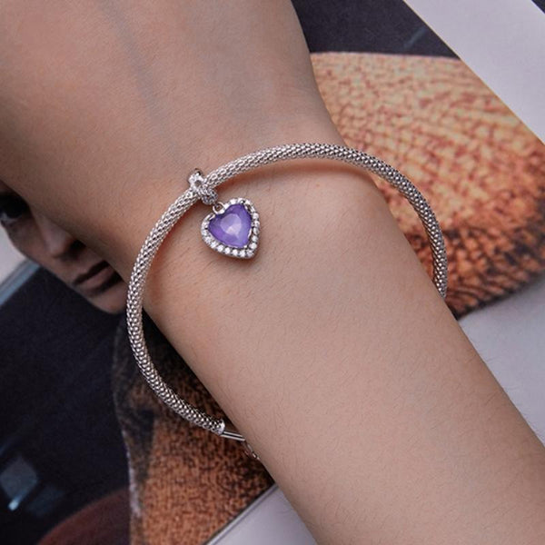 Purple Glass Heart Sterling Silver Zircon CZ Bead Charm Pendant Bracelet Necklace