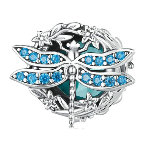 Blue Dragonfly Sterling Silver Zircon CZ Bead Charm Bracelet Necklace