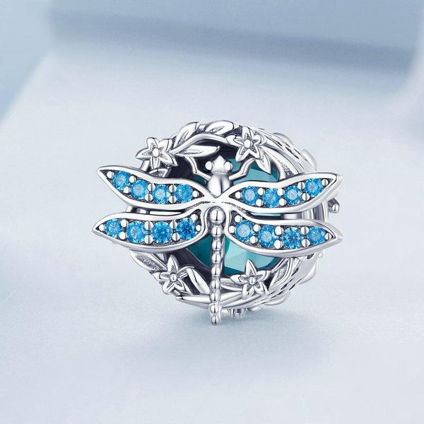 Blue Dragonfly Sterling Silver Zircon CZ Bead Charm Bracelet Necklace