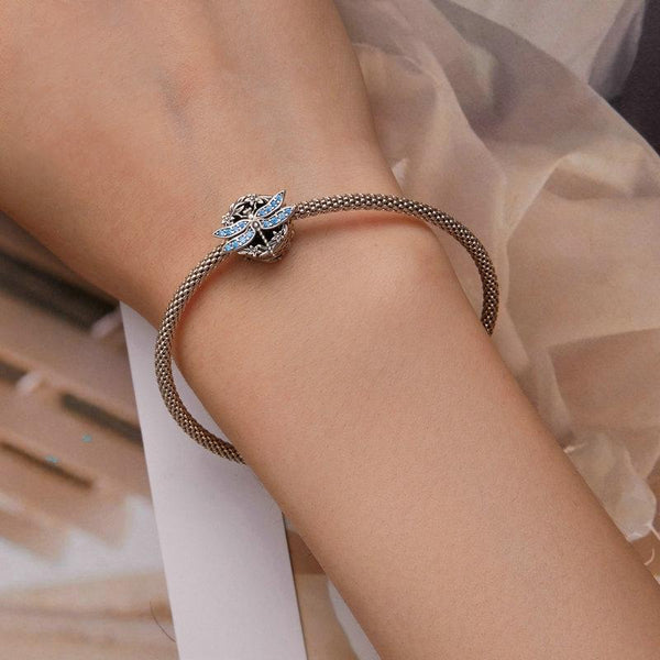 Blue Dragonfly Sterling Silver Zircon CZ Bead Charm Bracelet Necklace
