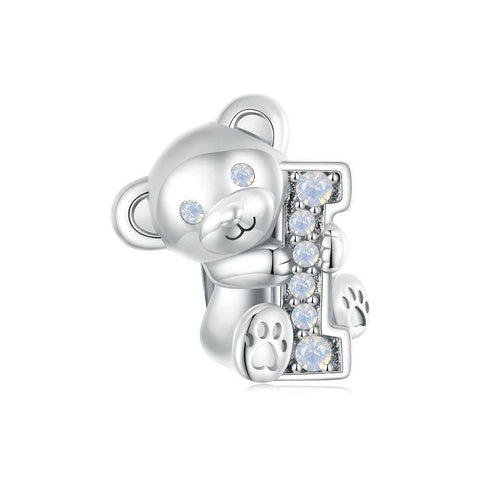 Teddy Bear Letter I Sterling Silver CZ Bead Charm Bracelet Necklace Pendant