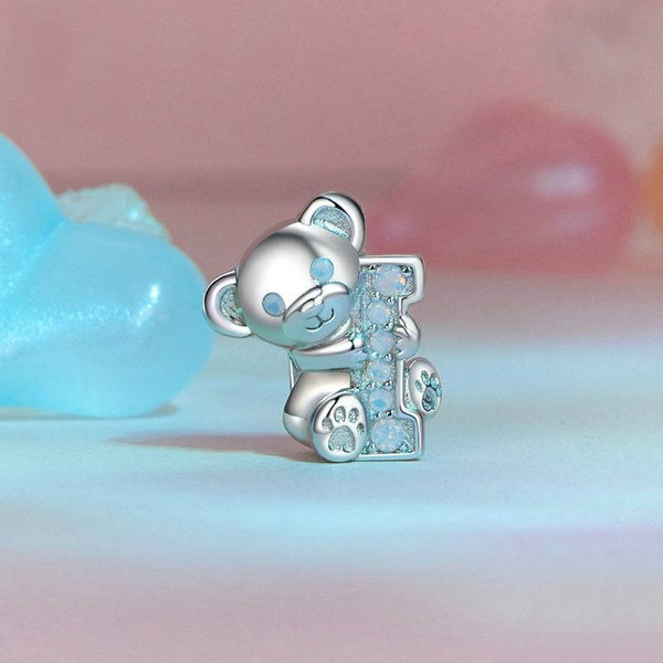 Teddy Bear Letter I Sterling Silver CZ Bead Charm Bracelet Necklace Pendant