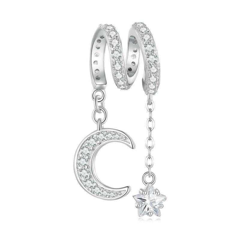 Moon Star Sterling Silver Zircon CZ Bead Charm Bracelet Necklace Pendant