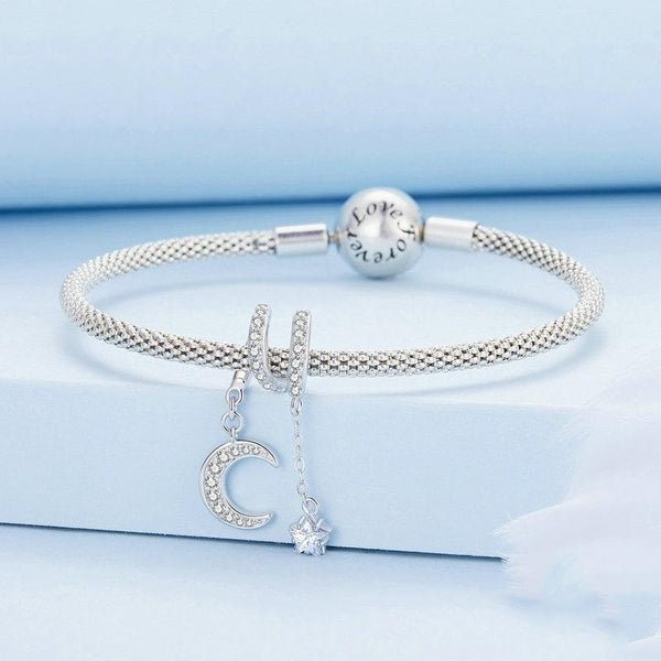 Moon Star Sterling Silver Zircon CZ Bead Charm Bracelet Necklace Pendant