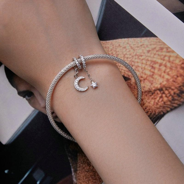 Moon Star Sterling Silver Zircon CZ Bead Charm Bracelet Necklace Pendant