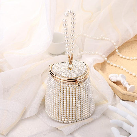 Beaded Faux Pearl Wedding Evening Bucket Bag Cream Gold