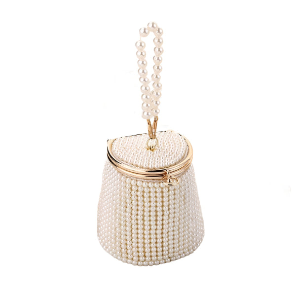 Beaded Faux Pearl Wedding Evening Bucket Bag Cream Gold