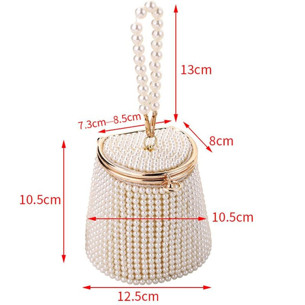Beaded Faux Pearl Wedding Evening Bucket Bag Cream Gold