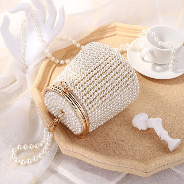 Beaded Faux Pearl Wedding Evening Bucket Bag Cream Gold