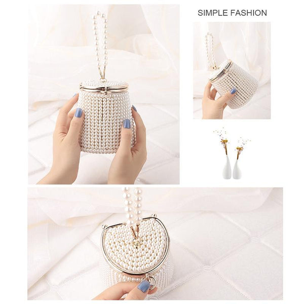 Beaded Faux Pearl Wedding Evening Bucket Bag Cream Gold