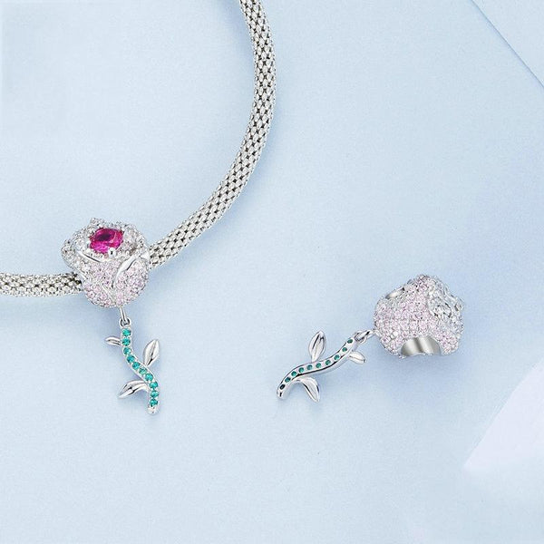 Rose Sterling Silver Zircon CZ Bead Charm Bracelet Necklace Pendant
