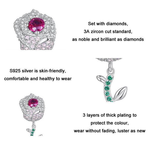Rose Sterling Silver Zircon CZ Bead Charm Bracelet Necklace Pendant