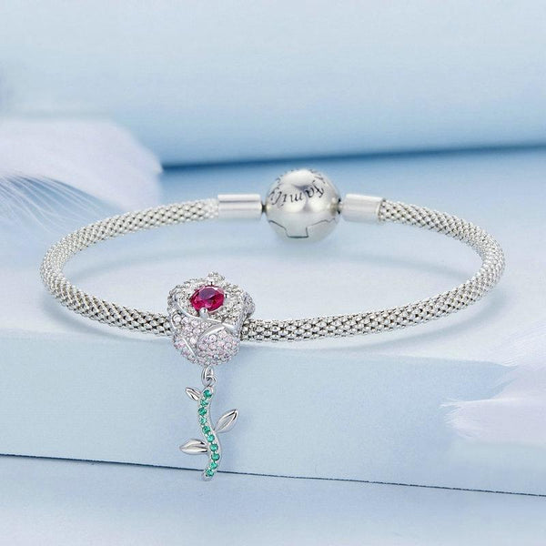Rose Sterling Silver Zircon CZ Bead Charm Bracelet Necklace Pendant