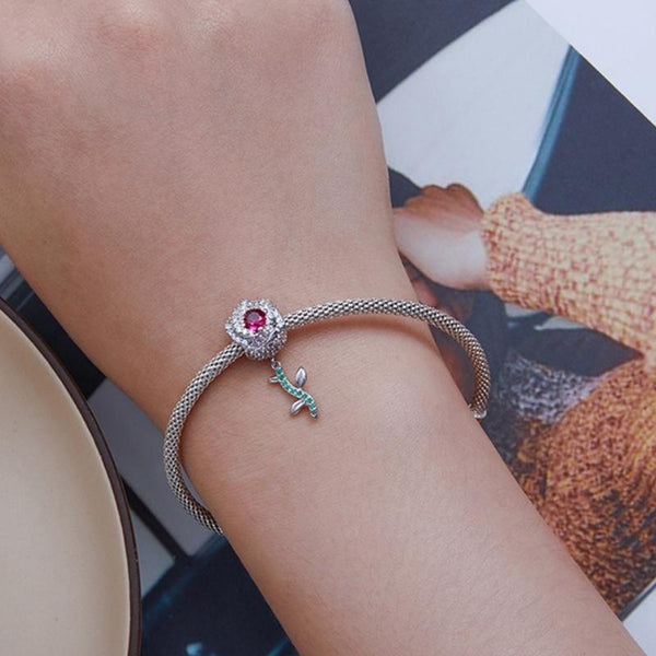 Rose Sterling Silver Zircon CZ Bead Charm Bracelet Necklace Pendant