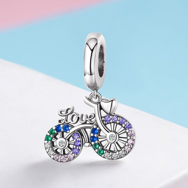Love Bike Bicycle Sterling Silver Zircon CZ Bead Charm Bracelet Necklace